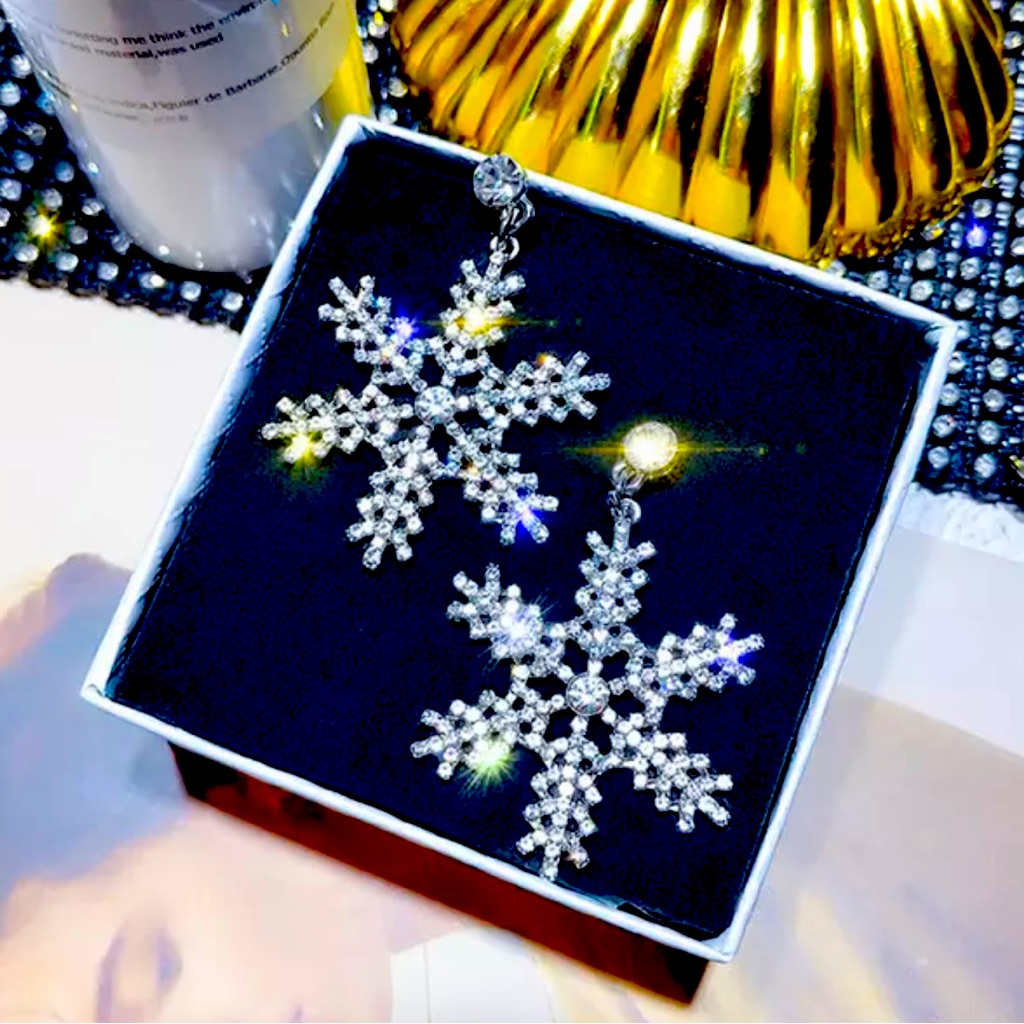 Glam Icy Snowflake Winter Christmas Silver Diamond Earrings